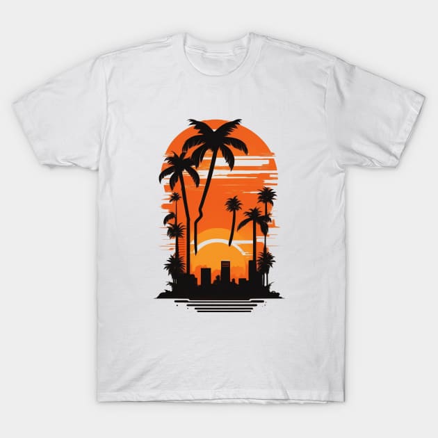 fantasy silhouette sunset palm trees city art T-Shirt by deepofficial